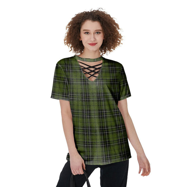 MacLean Hunting Tartan Plaid V-Neck String Short Sleeve Shirt