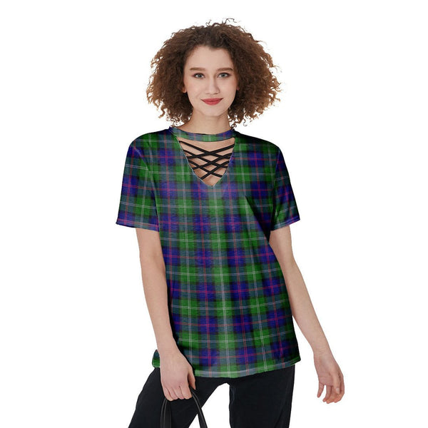 MacThomas Modern Tartan Plaid V-Neck String Short Sleeve Shirt