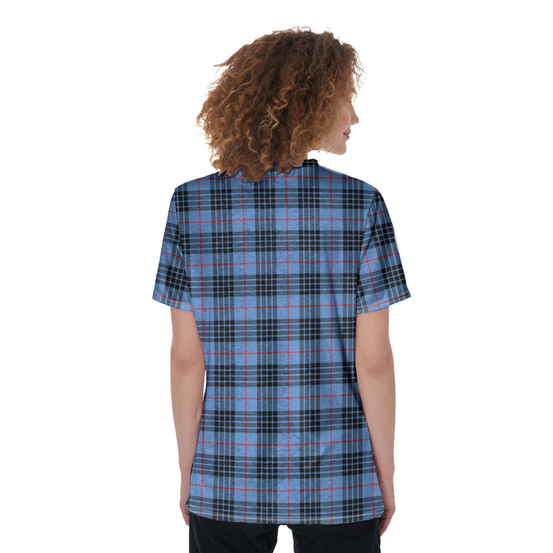 MacKay Blue Tartan Plaid V-Neck String Short Sleeve Shirt