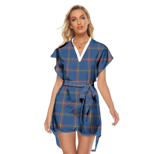 MacLaine of Loch Buie Hunting Ancient Tartan Plaid Stand-up Collar Casual Dress With Belt