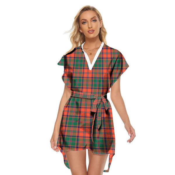 Stewart of Appin Ancient Tartan Plaid Stand-up Collar Casual Dress With Belt