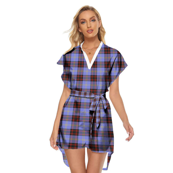 Rutherford Tartan Plaid Stand-up Collar Casual Dress With Belt