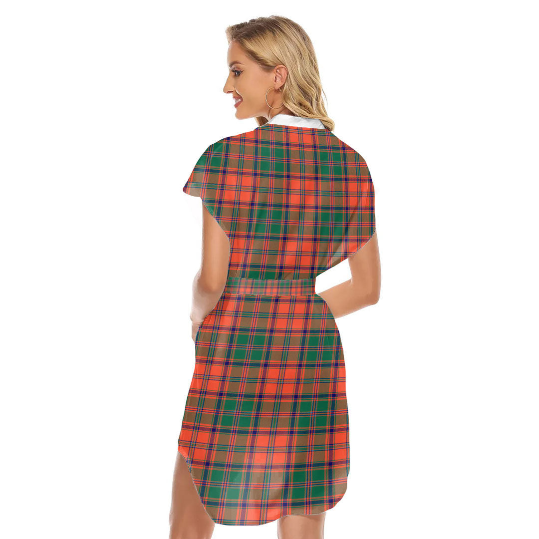 Stewart of Appin Ancient Tartan Plaid Stand-up Collar Casual Dress With Belt