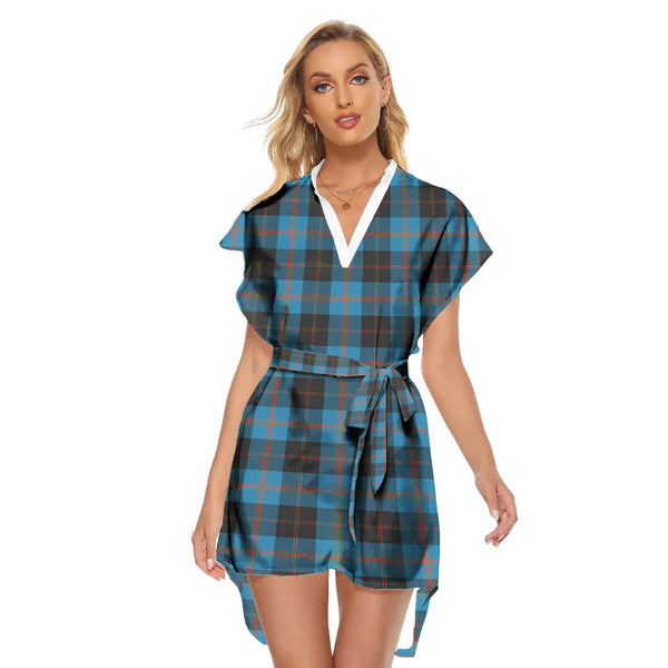 Angus Ancient Tartan Plaid Stand-up Collar Casual Dress With Belt