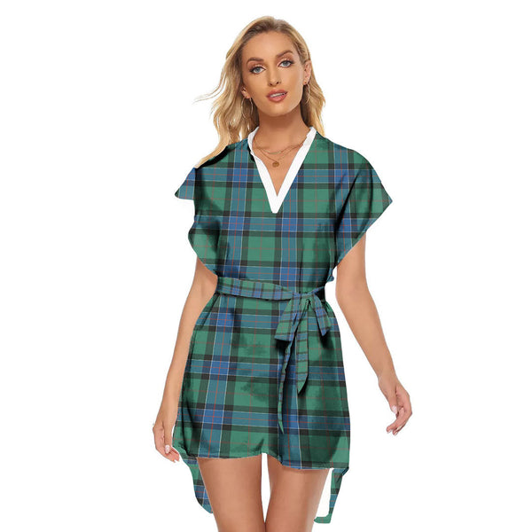 Sinclair Hunting Ancient Tartan Plaid Stand-up Collar Casual Dress With Belt