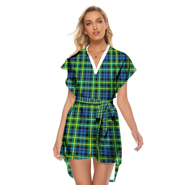 Campbell of Breadalbane Ancient Tartan Plaid Stand-up Collar Casual Dress With Belt