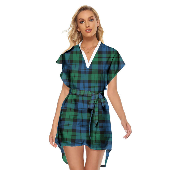 Blackwatch Ancient Tartan Plaid Stand-up Collar Casual Dress With Belt