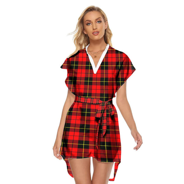 Wallace Hunting Red Tartan Plaid Stand-up Collar Casual Dress With Belt