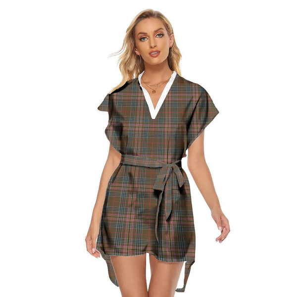 Kennedy Weathered Tartan Plaid Stand-up Collar Casual Dress With Belt