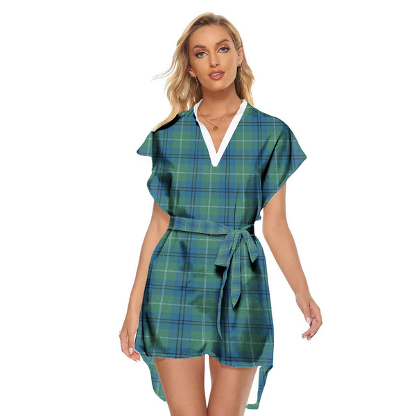 Oliphant Ancient Tartan Plaid Stand-up Collar Casual Dress With Belt