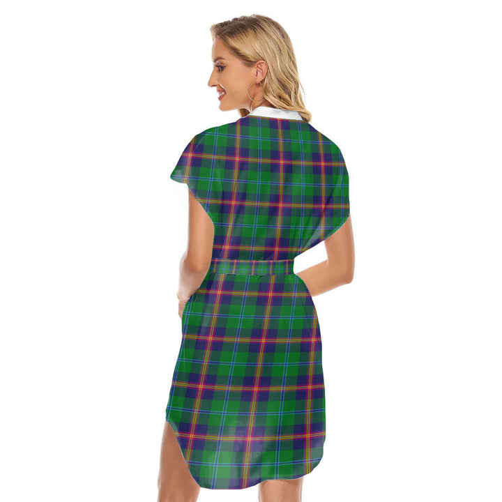 Young Modern Tartan Plaid Stand-up Collar Casual Dress With Belt