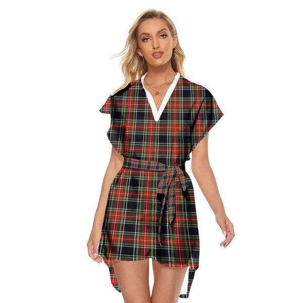 Stewart Black Tartan Plaid Stand-up Collar Casual Dress With Belt