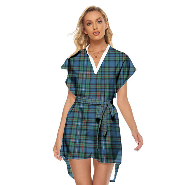 Robertson Hunting Ancient Tartan Plaid Stand-up Collar Casual Dress With Belt