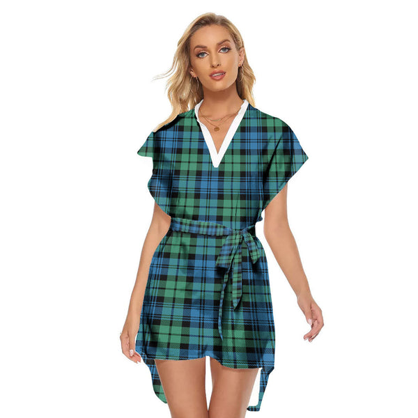 Campbell Ancient 01 Tartan Plaid Stand-up Collar Casual Dress With Belt