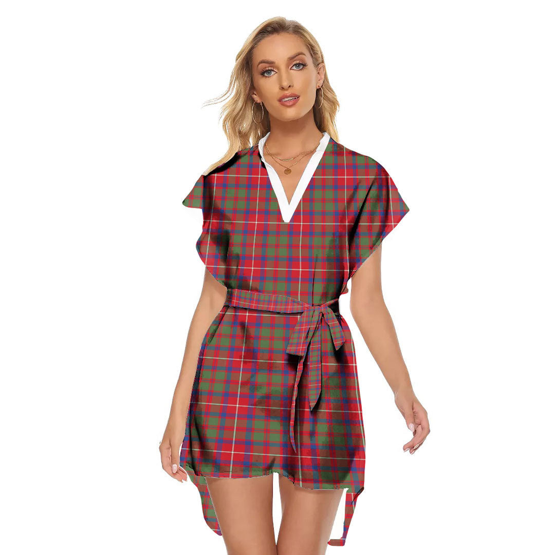 Shaw Red Modern Tartan Plaid Stand-up Collar Casual Dress With Belt