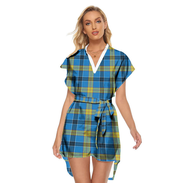 Laing Tartan Plaid Stand-up Collar Casual Dress With Belt