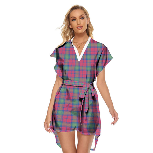 Lindsay Ancient Tartan Plaid Stand-up Collar Casual Dress With Belt