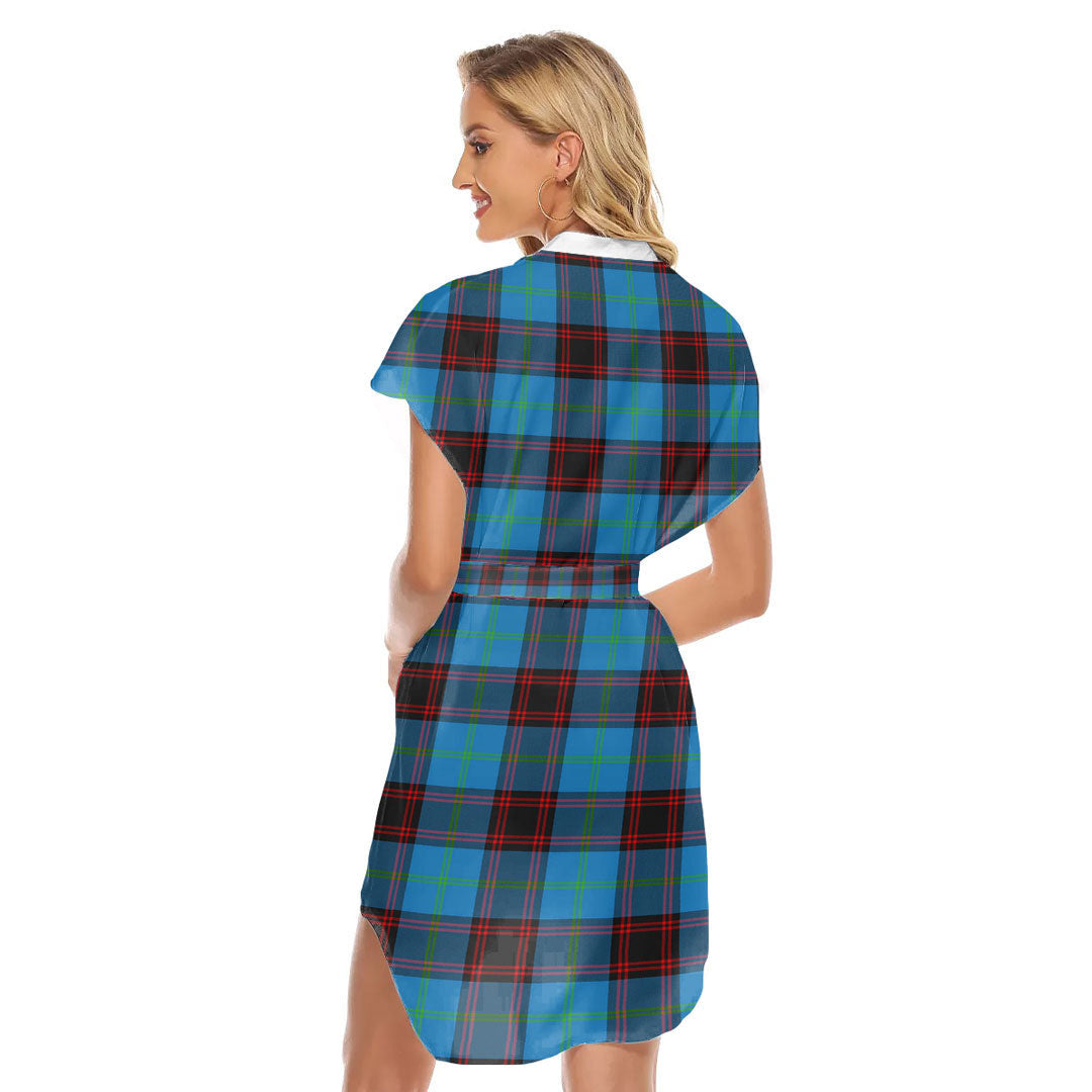 Home Ancient Tartan Plaid Stand-up Collar Casual Dress With Belt