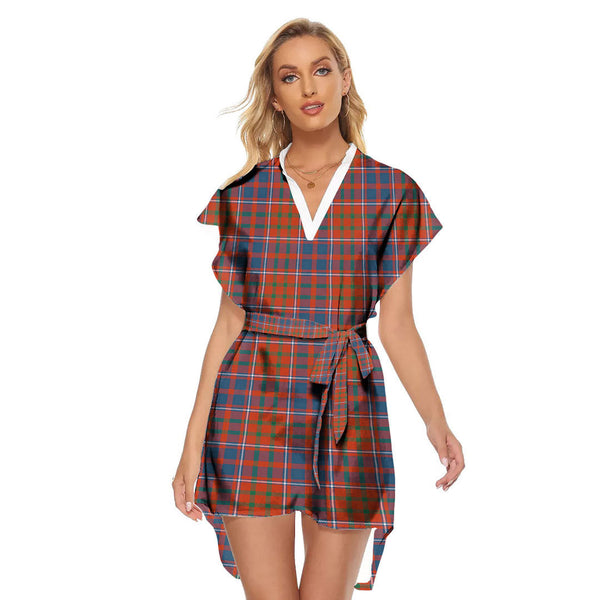 Cameron of Lochiel Ancient Tartan Plaid Stand-up Collar Casual Dress With Belt