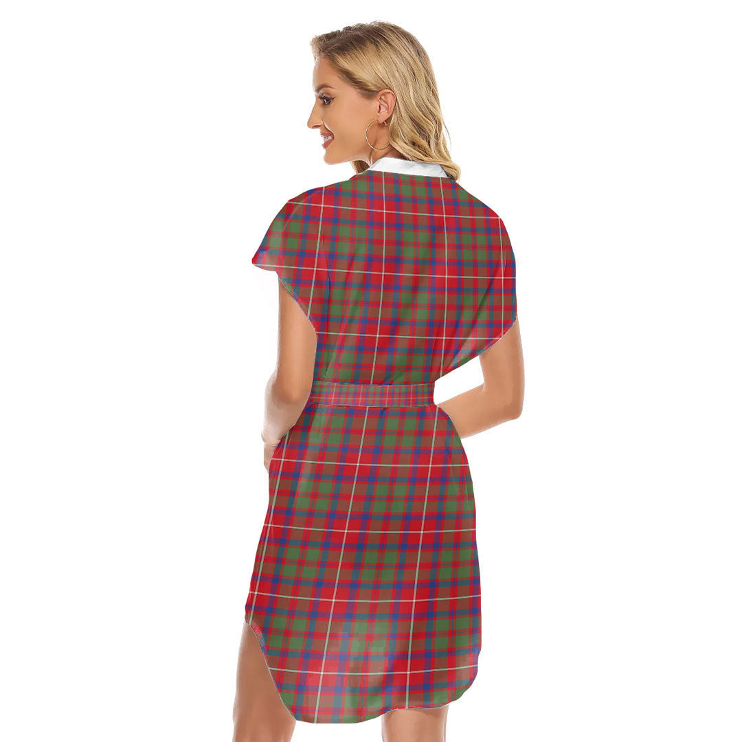 Shaw Red Modern Tartan Plaid Stand-up Collar Casual Dress With Belt