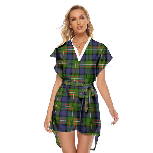 Fergusson Modern Tartan Plaid Stand-up Collar Casual Dress With Belt