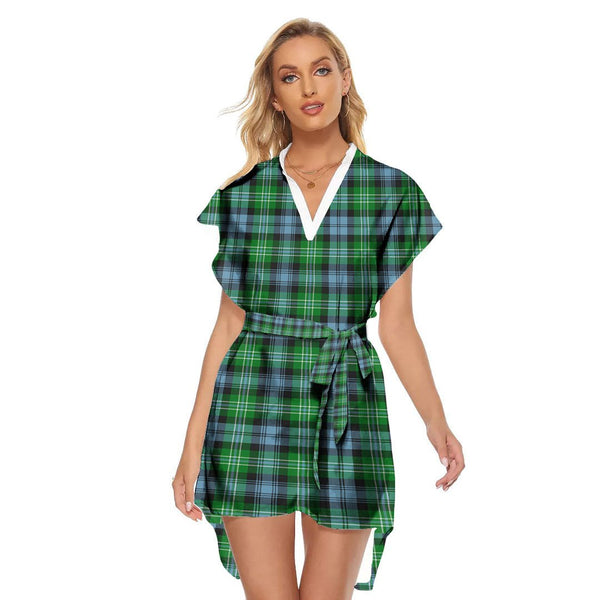 Arbuthnot Ancient Tartan Plaid Stand-up Collar Casual Dress With Belt