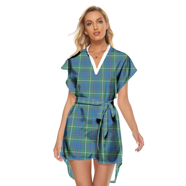 MacIntyre Hunting Ancient Tartan Plaid Stand-up Collar Casual Dress With Belt