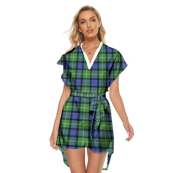 Gordon Old Ancient Tartan Plaid Stand-up Collar Casual Dress With Belt