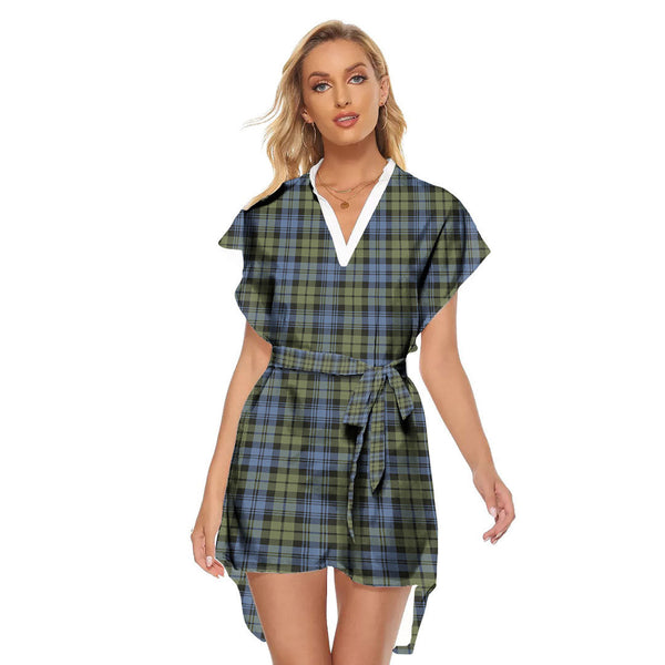 Campbell Faded Tartan Plaid Stand-up Collar Casual Dress With Belt