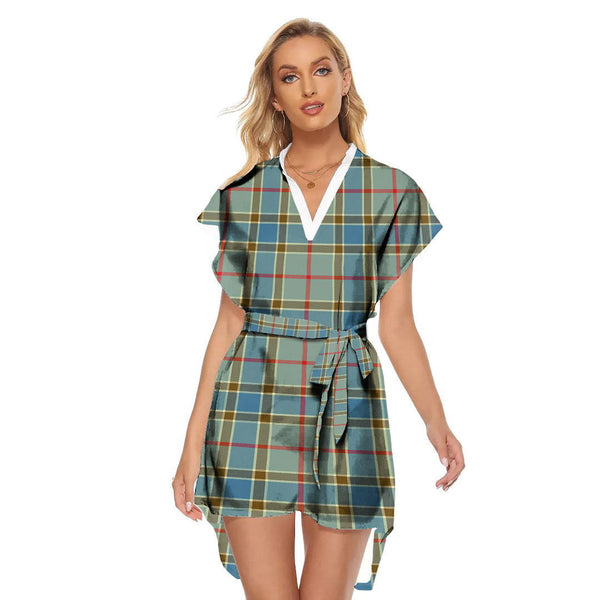 Balfour Blue Tartan Plaid Stand-up Collar Casual Dress With Belt