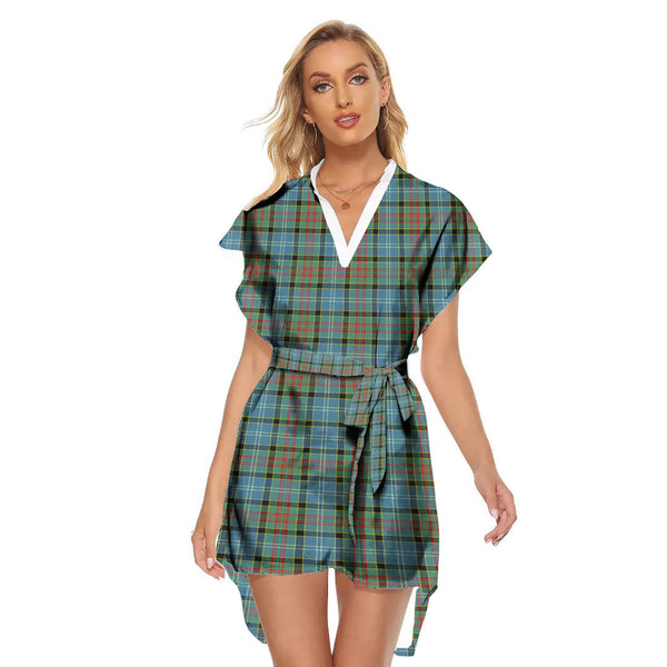 Paisley District Tartan Plaid Stand-up Collar Casual Dress With Belt