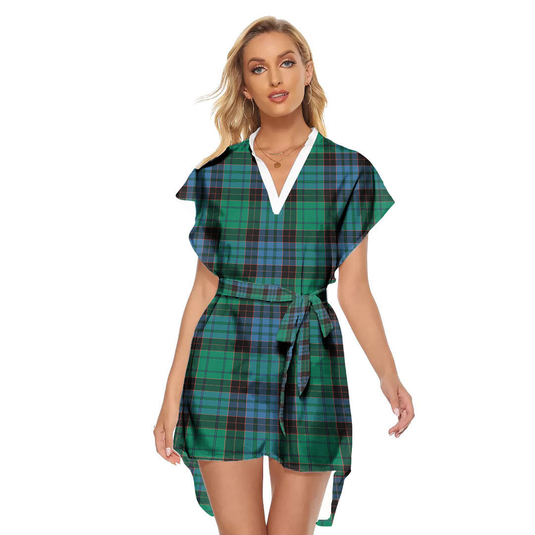 Stewart Old Ancient Tartan Plaid Stand-up Collar Casual Dress With Belt