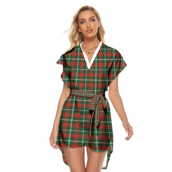 Prince of Wales Tartan Plaid Stand-up Collar Casual Dress With Belt