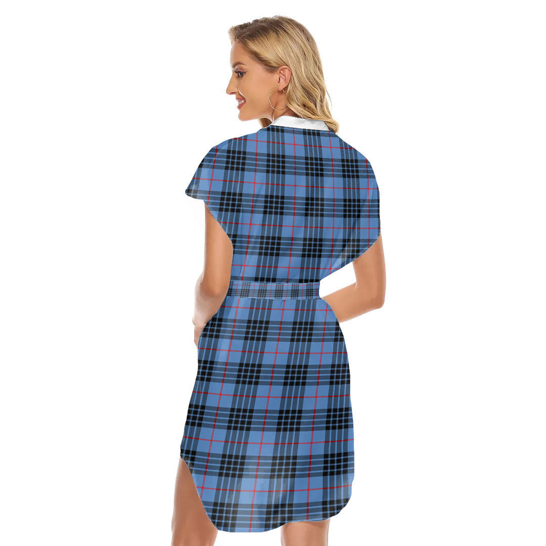 MacKay Blue Tartan Plaid Stand-up Collar Casual Dress With Belt