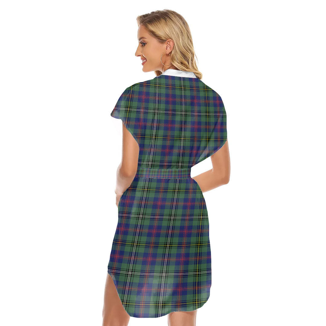 Wood Modern Tartan Plaid Stand-up Collar Casual Dress With Belt