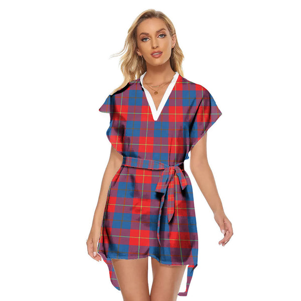 Galloway Red Tartan Plaid Stand-up Collar Casual Dress With Belt
