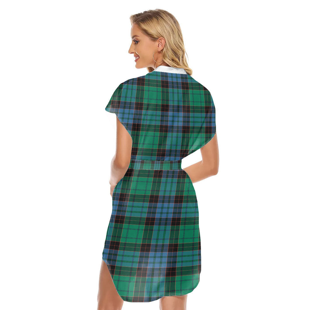 Stewart Old Ancient Tartan Plaid Stand-up Collar Casual Dress With Belt