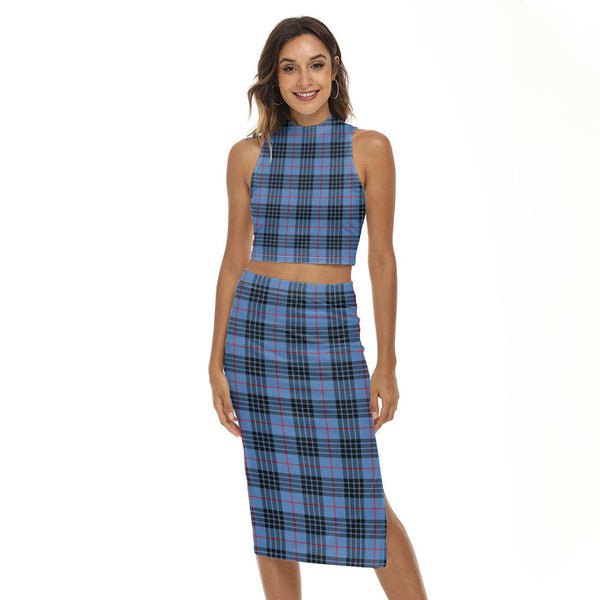 MacKay Blue Tartan Plaid Tank Top & Split High Skirt Set