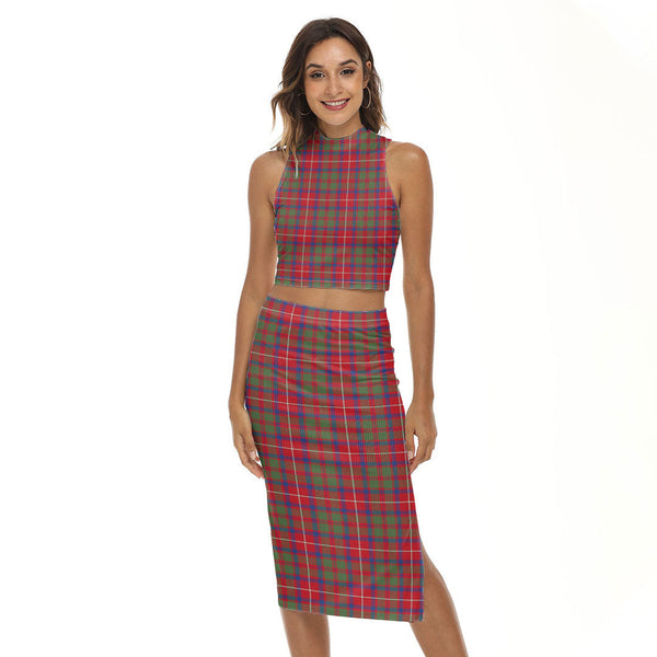 Shaw Red Modern Tartan Plaid Tank Top & Split High Skirt Set