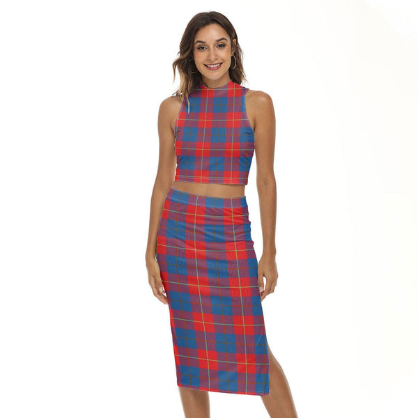 Galloway Red Tartan Plaid Tank Top & Split High Skirt Set