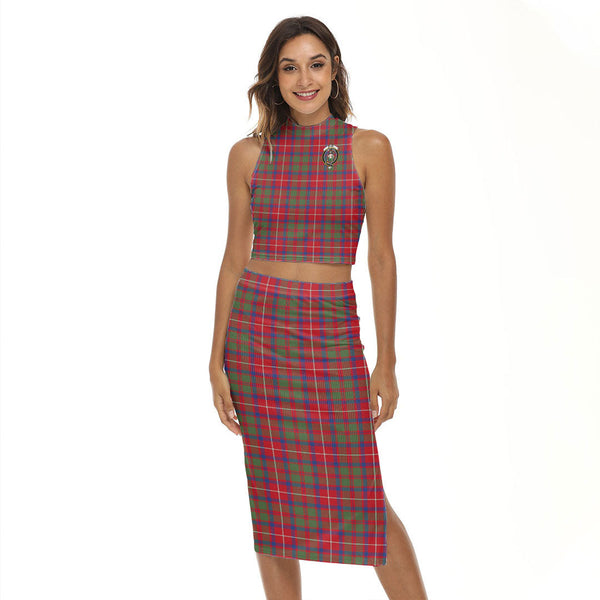 Shaw Red Modern Tartan Crest Tank Top & Split High Skirt Set