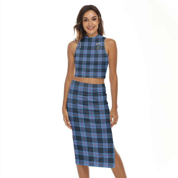 MacKay Blue Tartan Crest Tank Top & Split High Skirt Set