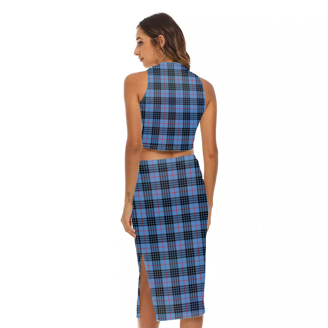 MacKay Blue Tartan Crest Tank Top & Split High Skirt Set