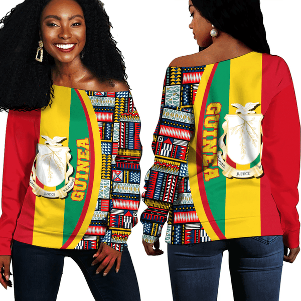 Guinea Bissau Flag and Kente Pattern Special Women's Off Shoulder Sweatshirts