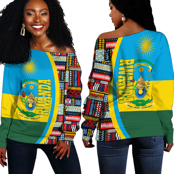 Rwanda Flag and Kente Pattern Special Women's Off Shoulder Sweatshirts