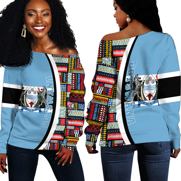 Botswana Flag and Kente Pattern Special Women's Off Shoulder Sweatshirts