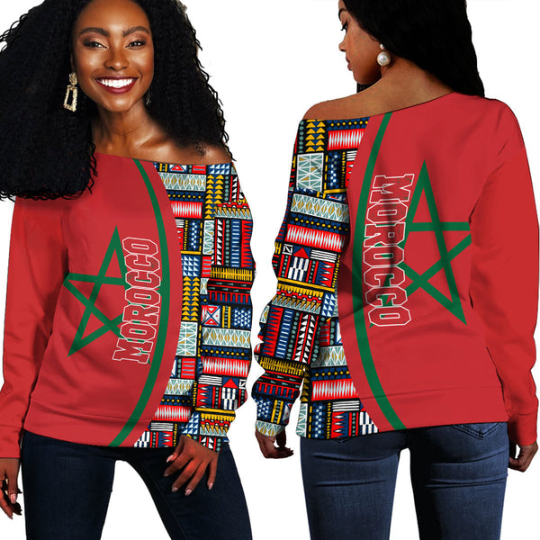 Morocco Flag and Kente Pattern Special Women's Off Shoulder Sweatshirts