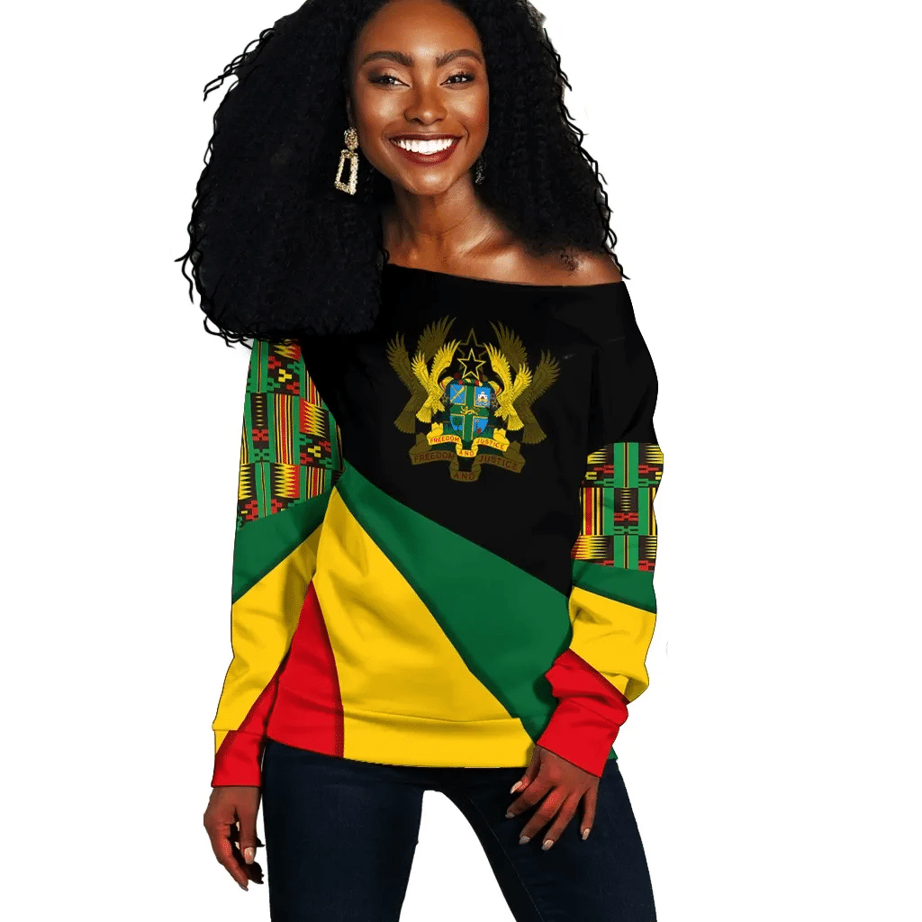 Ghana Flag Kente Women's Off Shoulder Sweatshirt - Bend Style