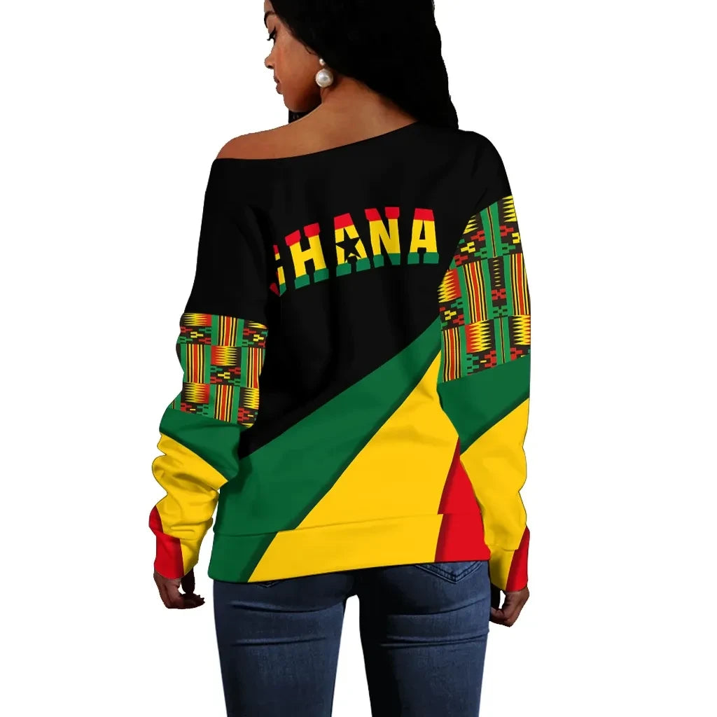 Ghana Flag Kente Women's Off Shoulder Sweatshirt - Bend Style