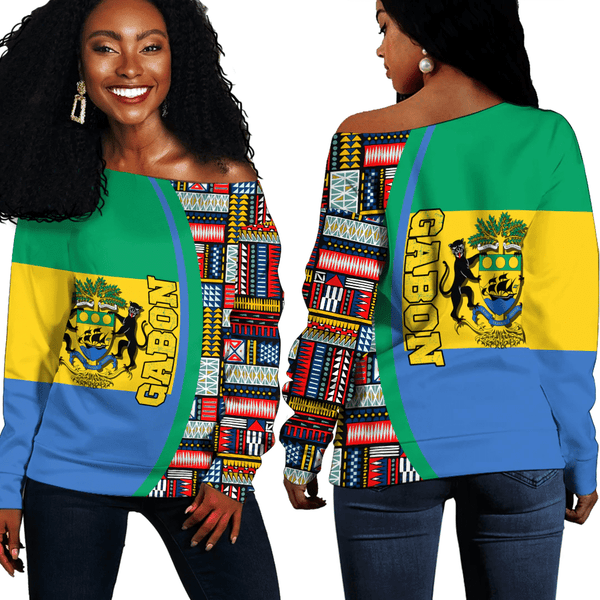 Gabon Flag and Kente Pattern Special Women's Off Shoulder Sweatshirts